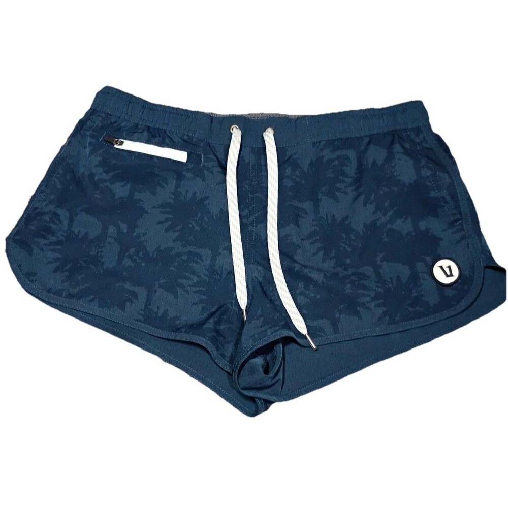 Vuori Navy Palm-Print Athletic Shorts with White Drawstring